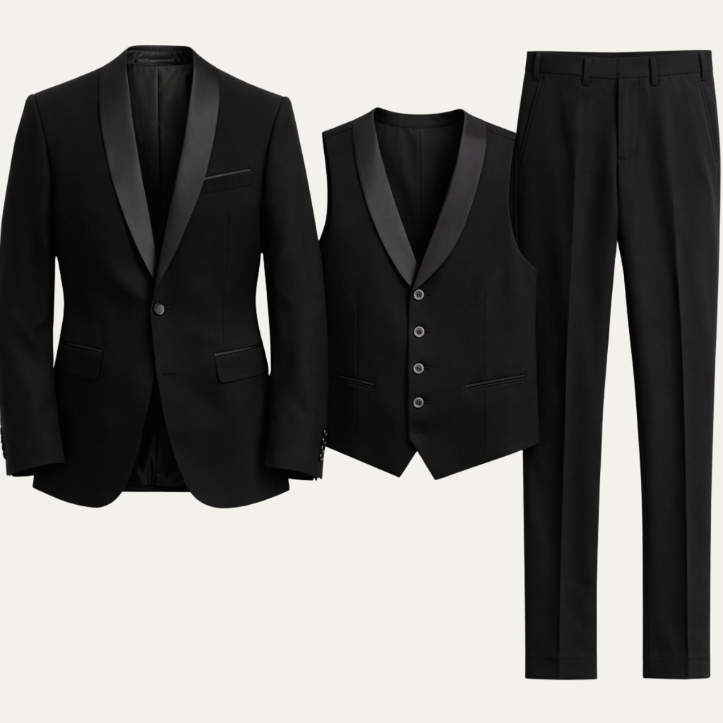 Men's 3-piece suit set in black: blazer, vest with buttons, and matching trousers