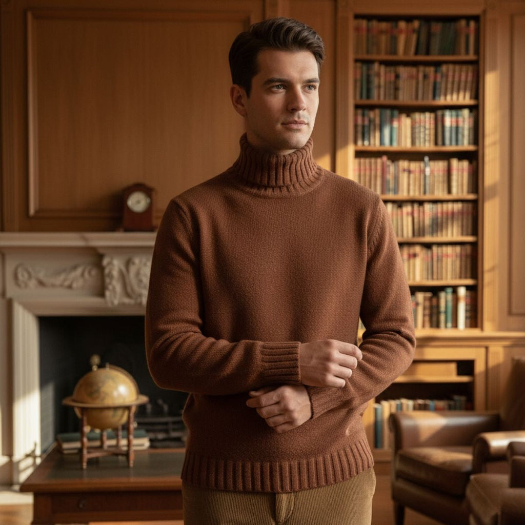 Men's soft knit turtleneck sweater in brown, ribbed collar and hem