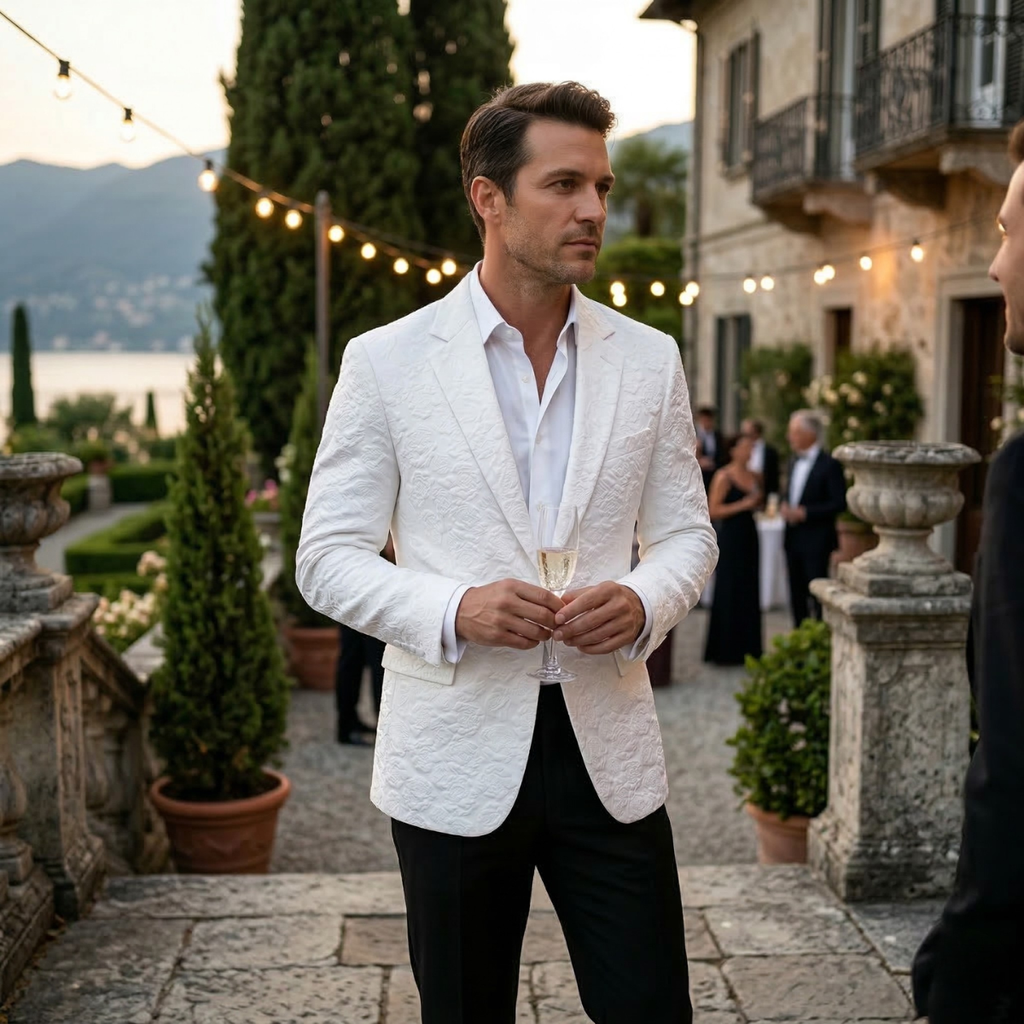Men's white textured slim-fit blazer worn with a white button-up shirt