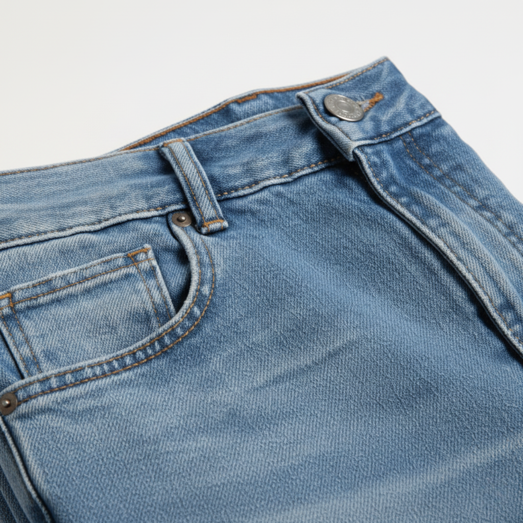 Men's slim-fit skinny jeans close-up, light blue denim front pockets and waistband