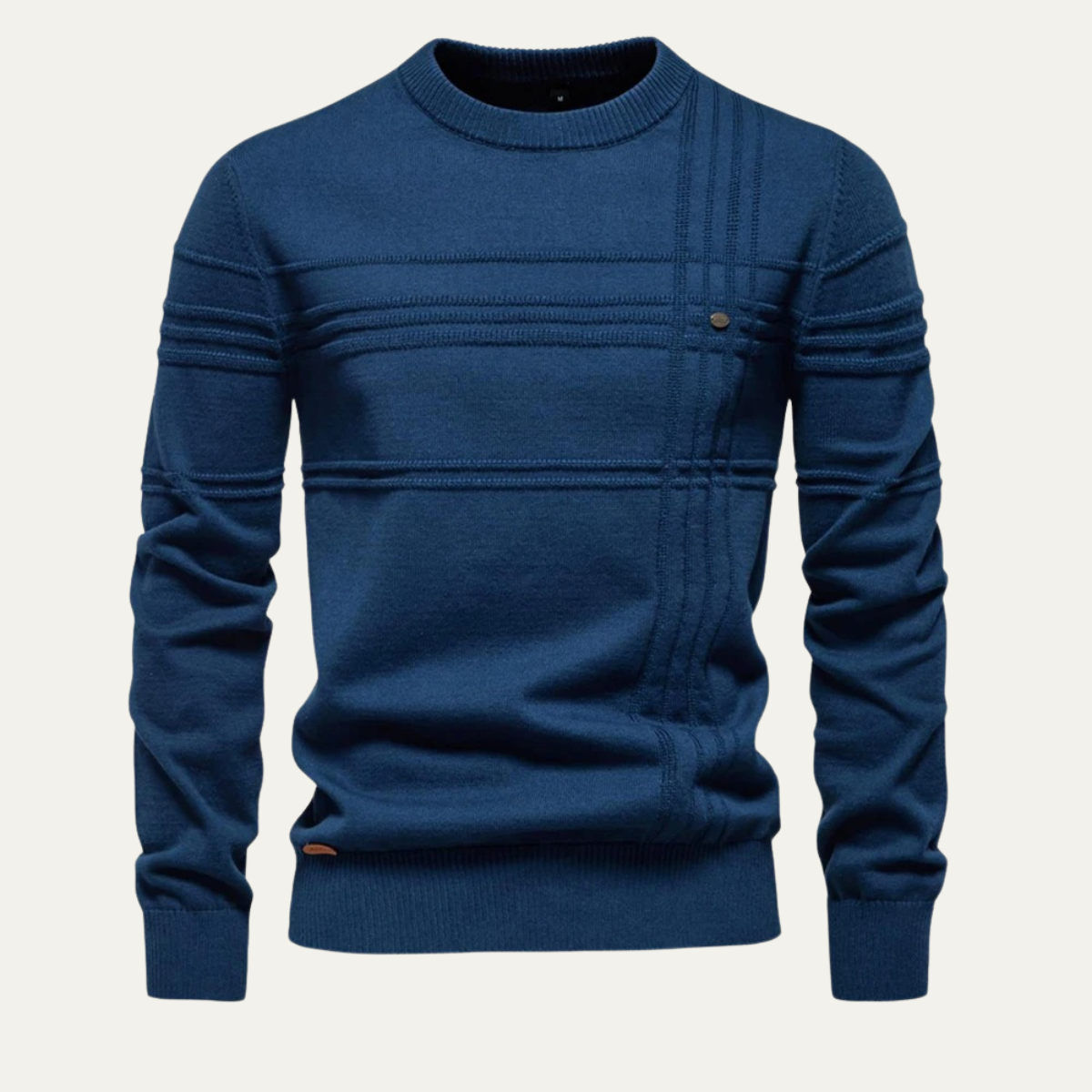 Men's blue crew-neck knit sweater with ribbed trim and buttoned placket detail
