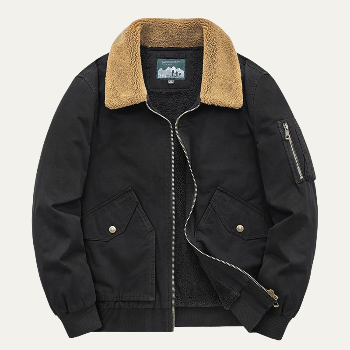 Men's sherpa-lined bomber jacket, black with tan shearling collar and front zip