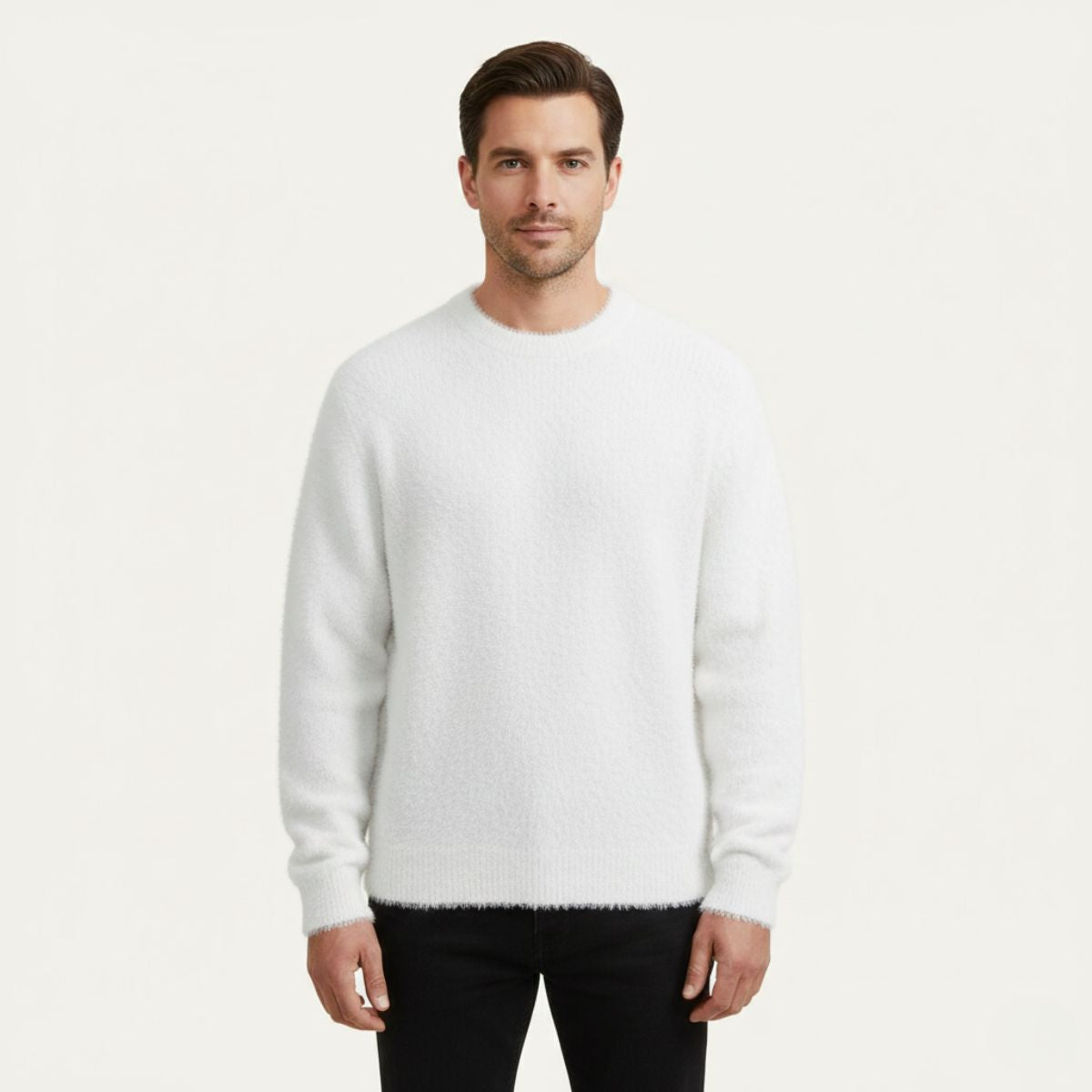 White crewneck cashmere sweater, ribbed cuffs and hem