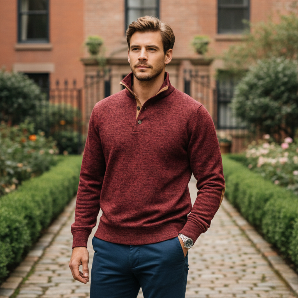 Men’s burgundy heather knit sweater with tan elbow patches and quarter-zip placket