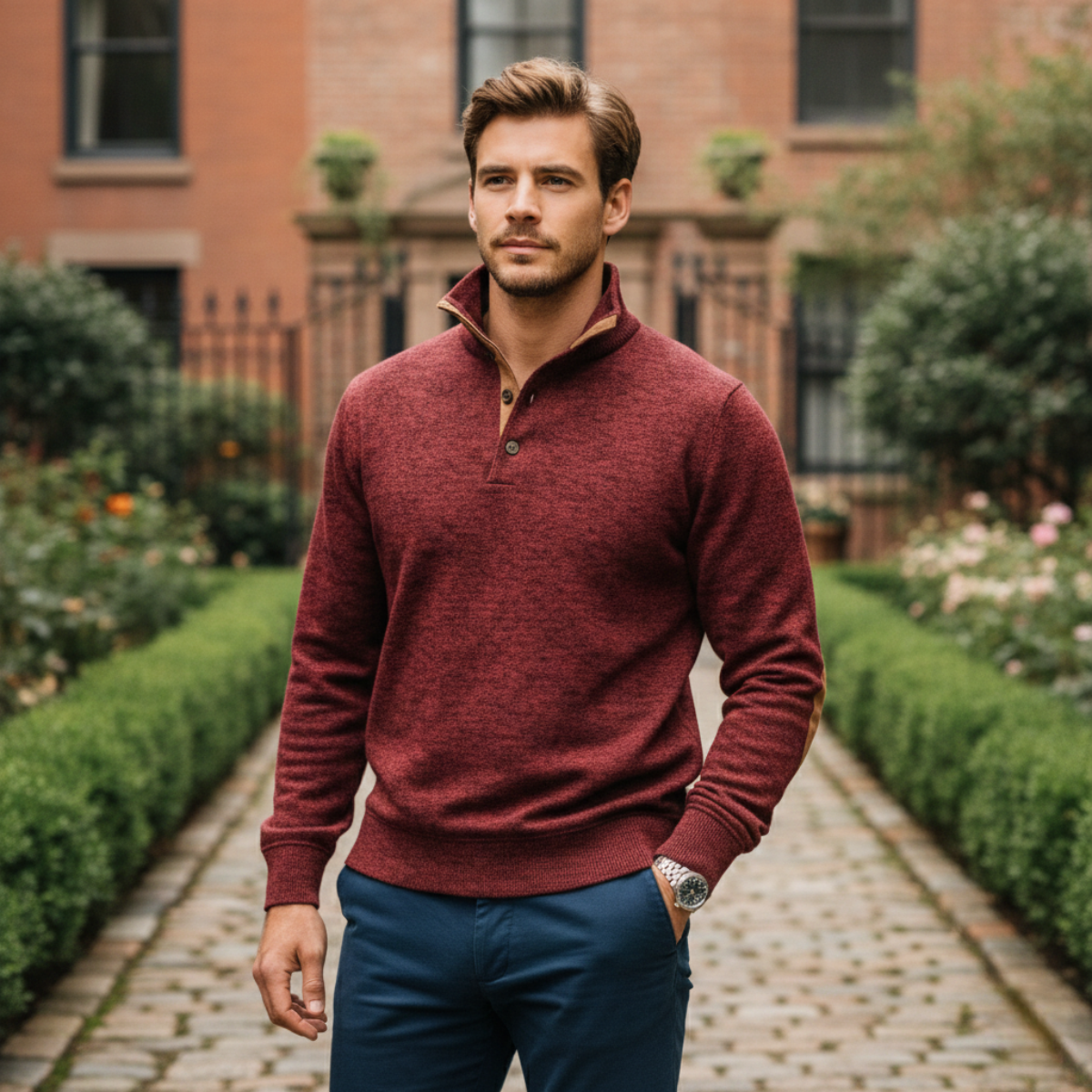 Men’s burgundy heather knit sweater with tan elbow patches and quarter-zip placket