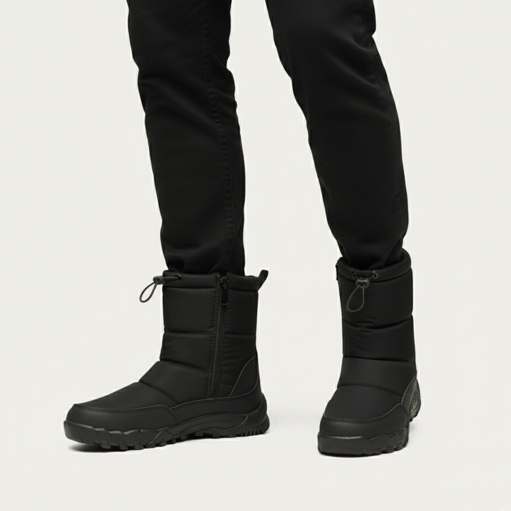 Men's insulated snow boots rear view in black, lace pull loops and treaded sole