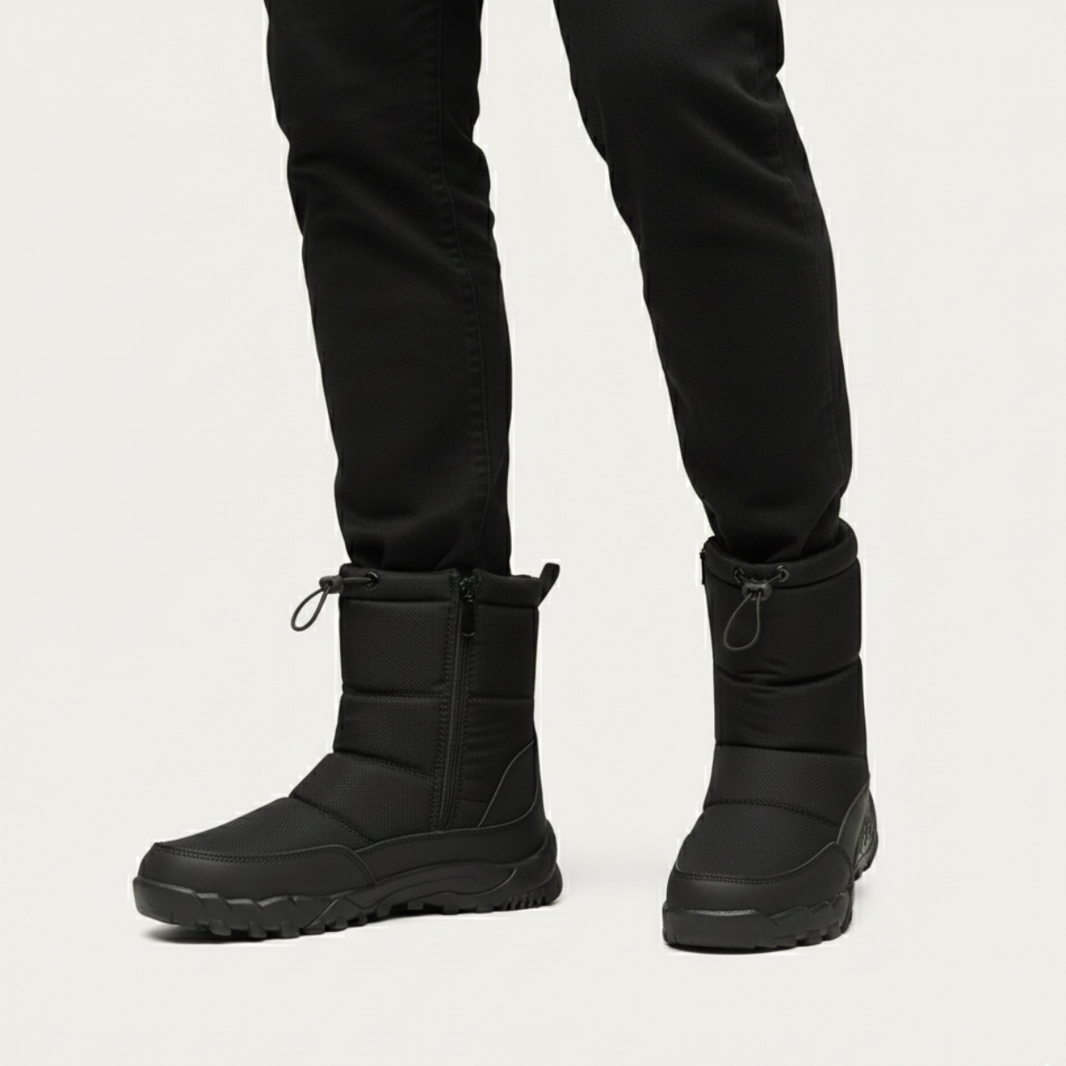 Men's insulated snow boots rear view in black, lace pull loops and treaded sole