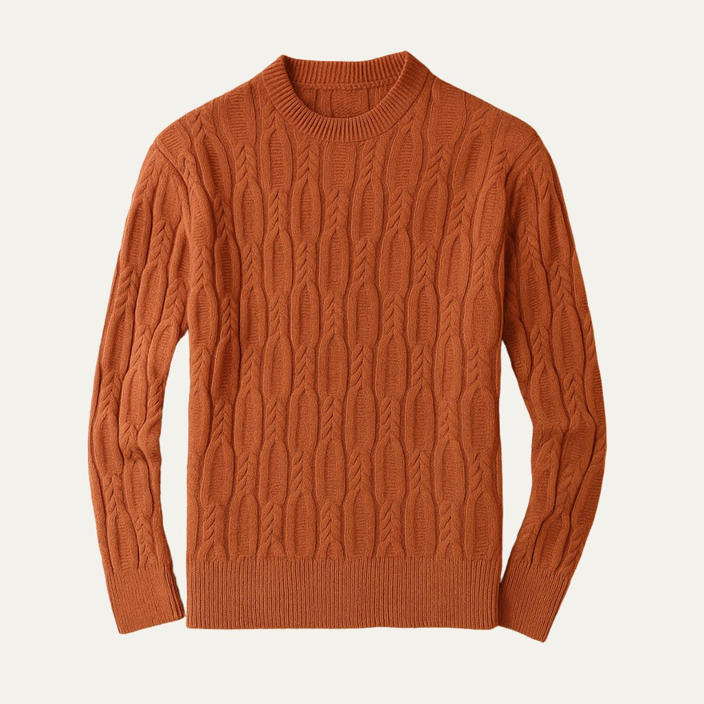 Men's premium cable knit sweater, terracotta, crew neck, long sleeves, ribbed hem and cuffs