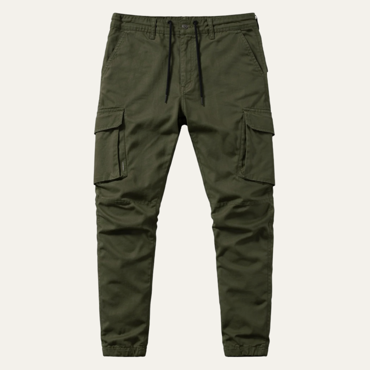 Army green cargo jogger pants with drawstring and side cargo pockets