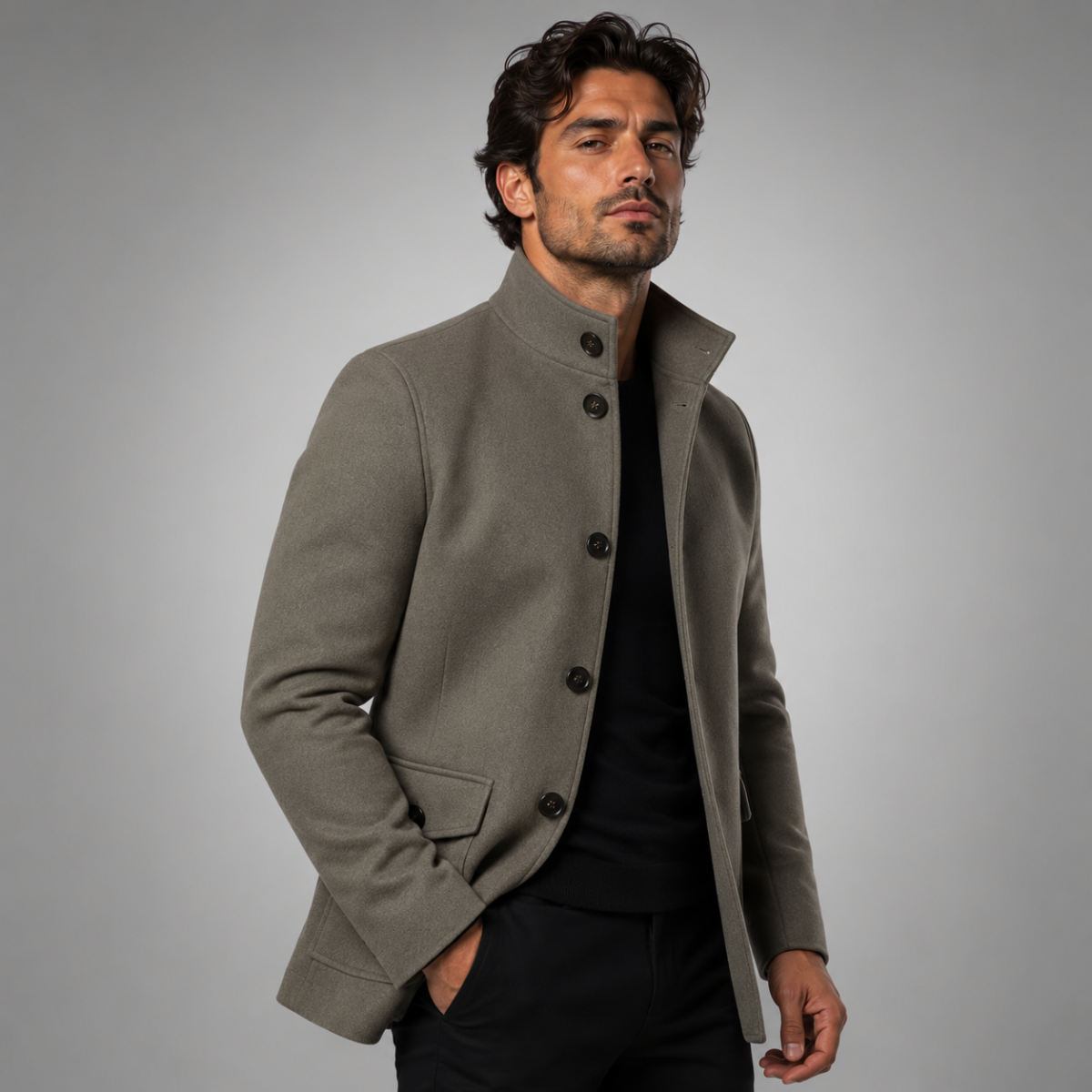 Men's wool overcoat in gray, button front with stand collar and side pockets