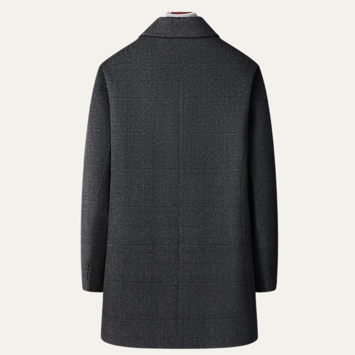 Men's wool-blend overcoat in dark gray back view with center-back seam and cuff detail