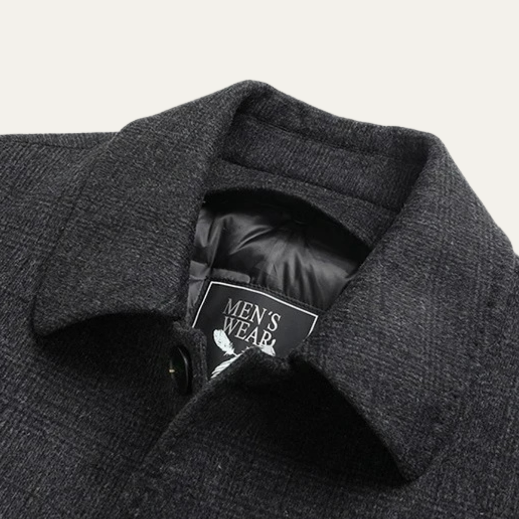 Men's wool-blend overcoat collar with brand patch on black inner lining