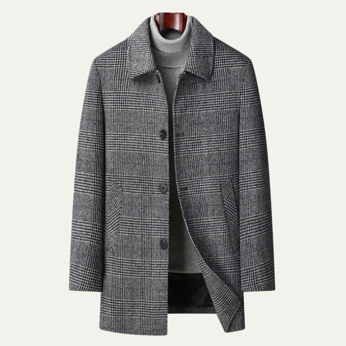 Men's wool-blend overcoat in dark gray plaid with button front and welt pockets