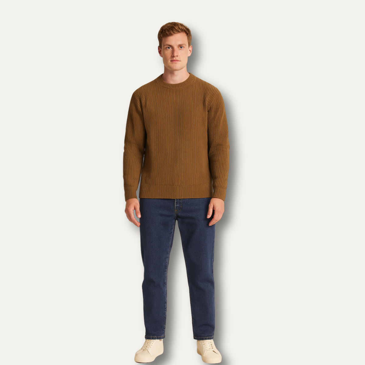 Men’s ribbed merino wool crewneck sweater, brown knit—worn with jeans