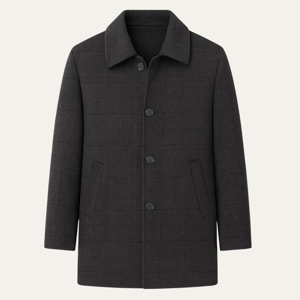 Men's wool-blend overcoat in dark gray with notch collar and snap button front