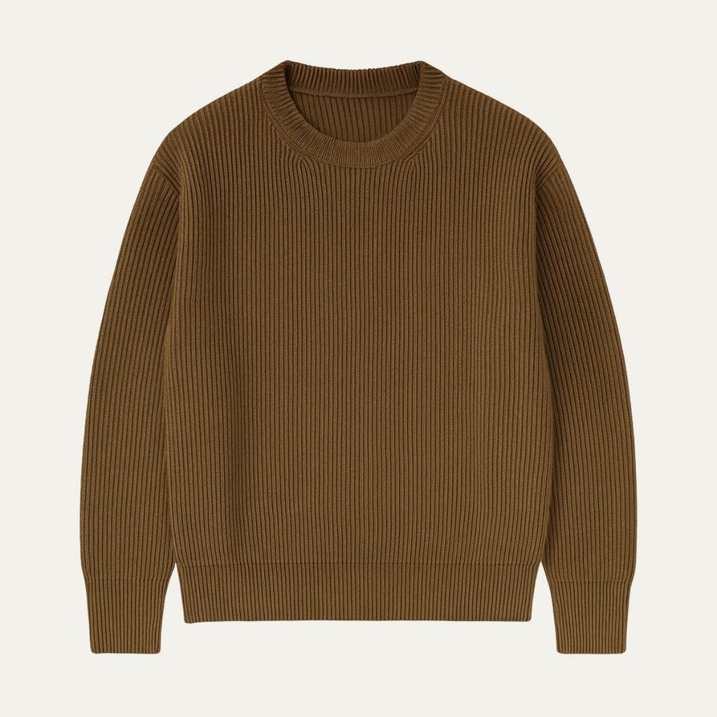 Men’s ribbed merino wool crewneck sweater, brown knit with long sleeves