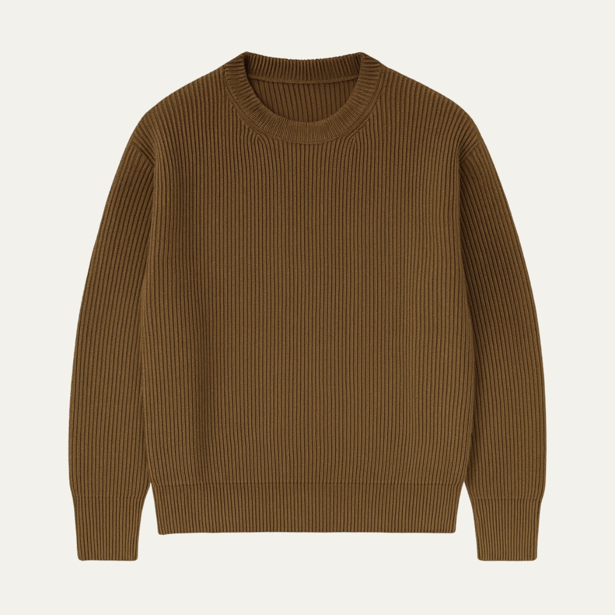 Men’s ribbed merino wool crewneck sweater, brown knit with long sleeves