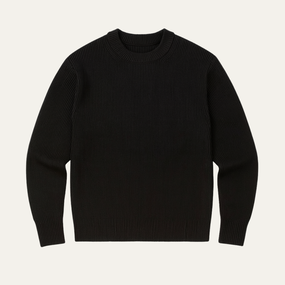 Men’s ribbed merino wool crewneck sweater, black knit with long sleeves