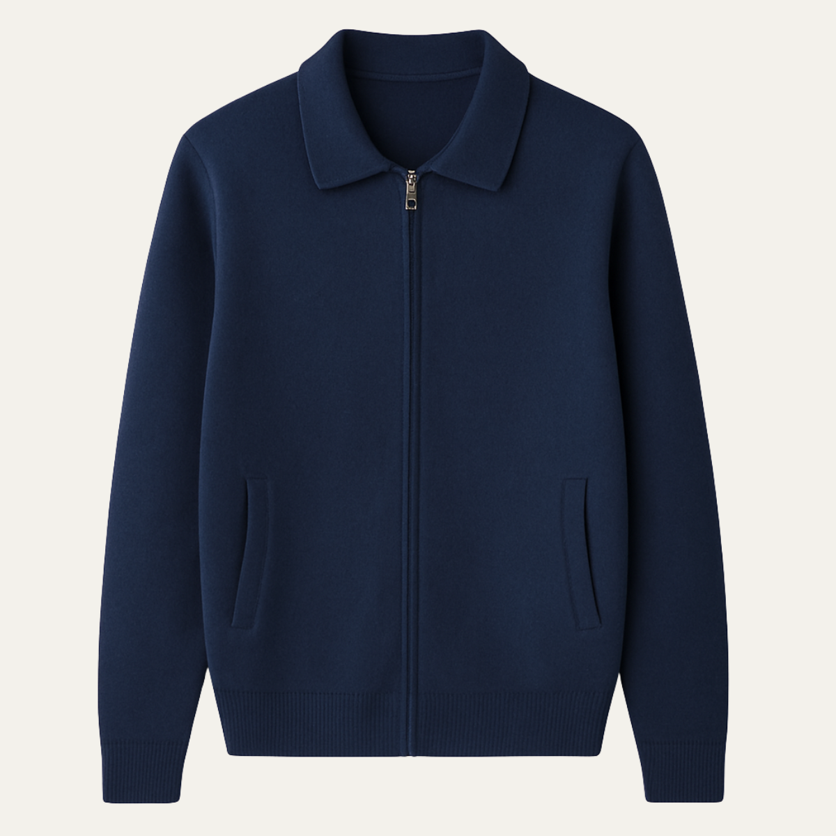 Men's blue knitted wool zip cardigan with stand collar, long sleeves, and front pockets