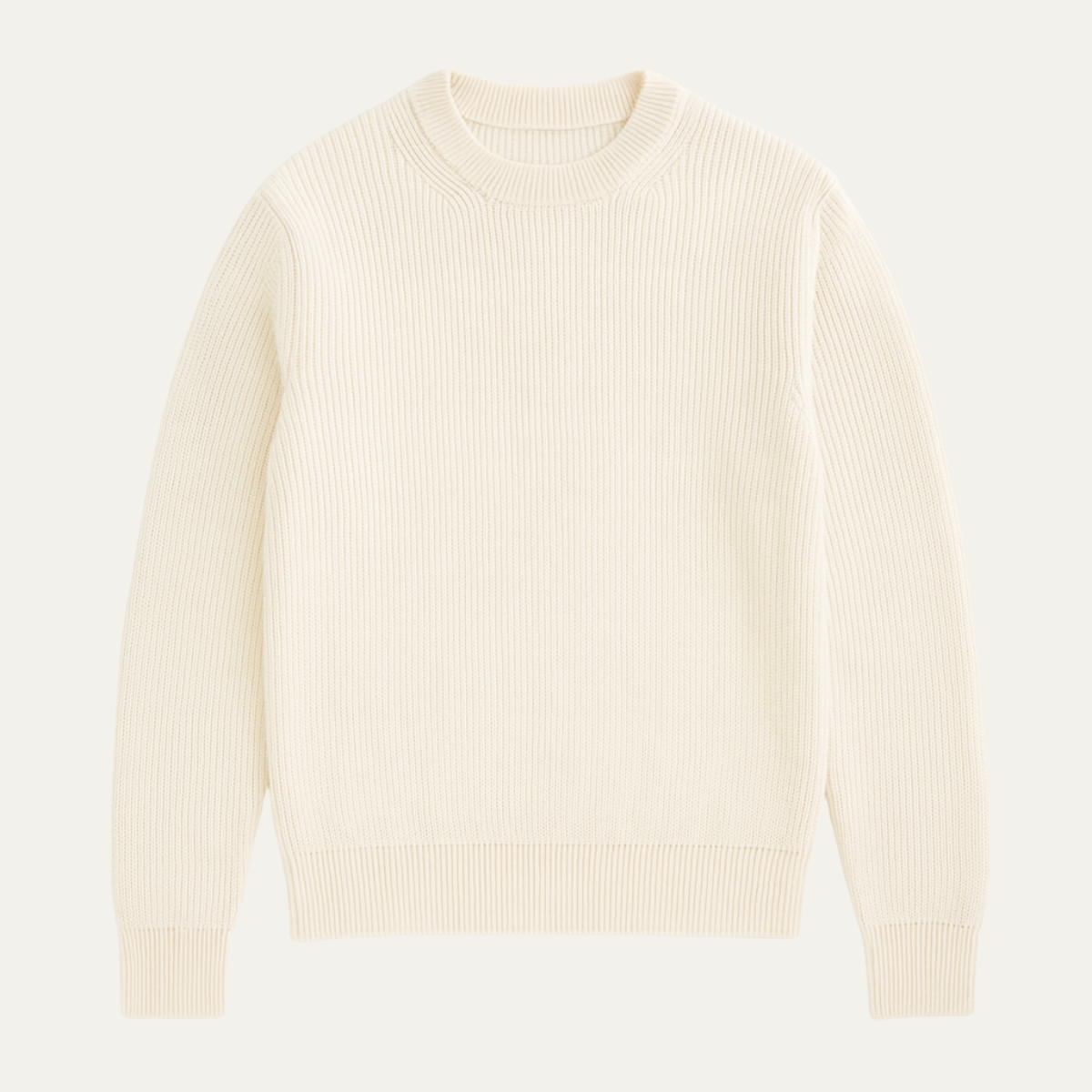 Men’s ribbed merino wool crewneck sweater, white knit with long sleeves