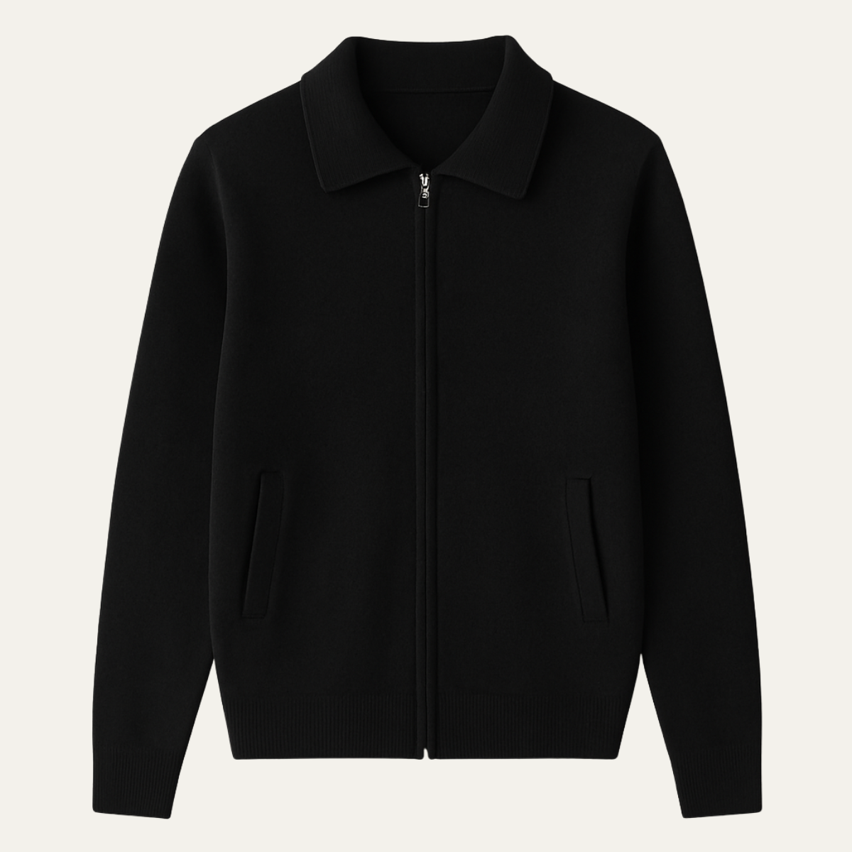 Men's black knitted wool zip cardigan with stand collar, long sleeves, and front pockets