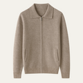 Men's beige knitted wool zip cardigan with stand collar, long sleeves, and front pockets