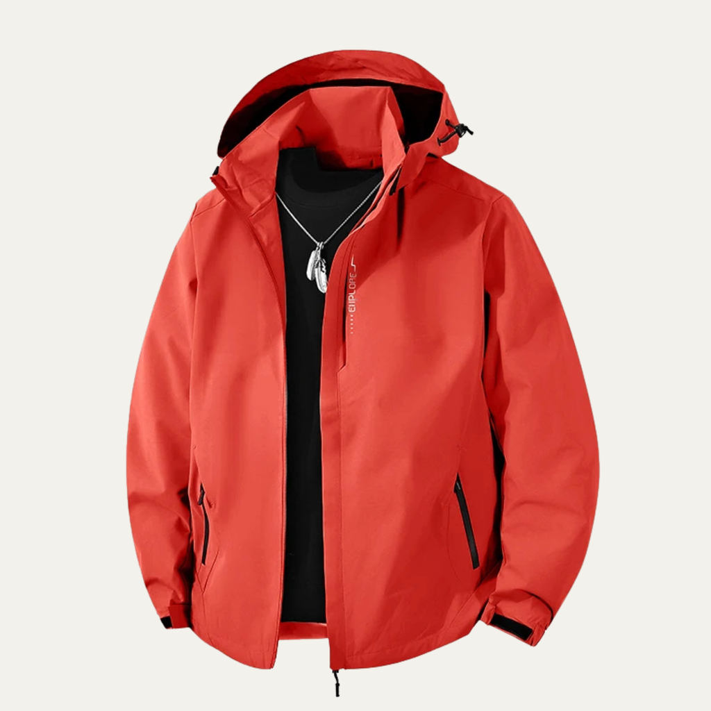 Red hooded waterproof rain jacket with front zipper and drawstring hem