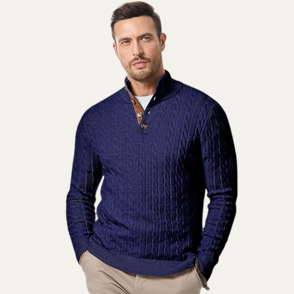 Men's navy cable-knit collar stand sweater, front view with button placket