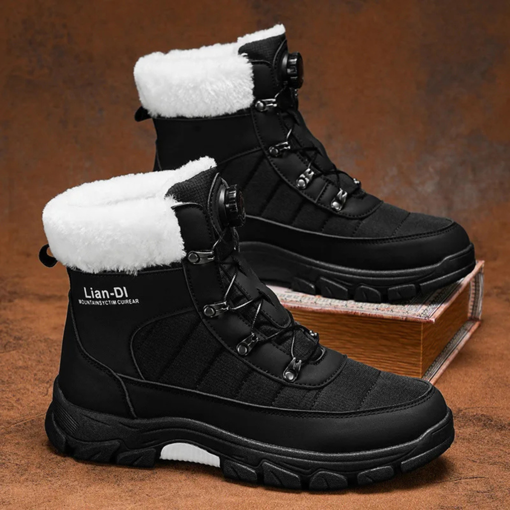 Men's black high-top winter snow boots with fur lining, lace-up, and chunky anti-slip sole