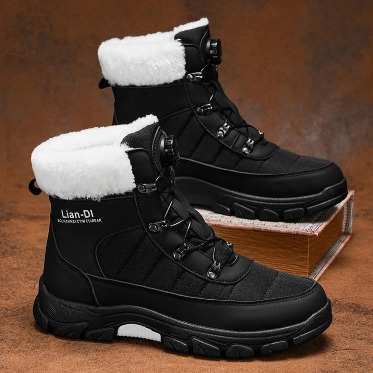 Men's black high-top winter snow boots with fur lining, lace-up, and chunky anti-slip sole