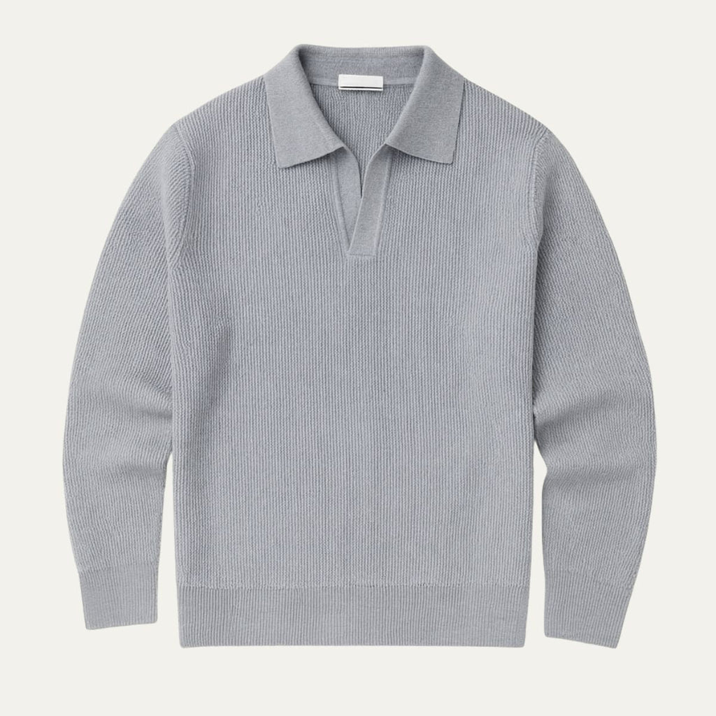 Men's gray knitted long-sleeve polo sweater with open collar and ribbed cuffs