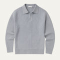 Men's gray knitted long-sleeve polo sweater with open collar and ribbed cuffs