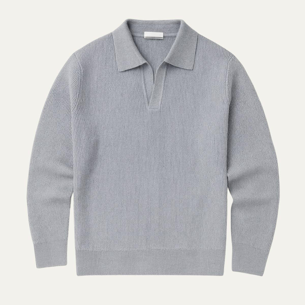 Men's gray knitted long-sleeve polo sweater with open collar and ribbed cuffs