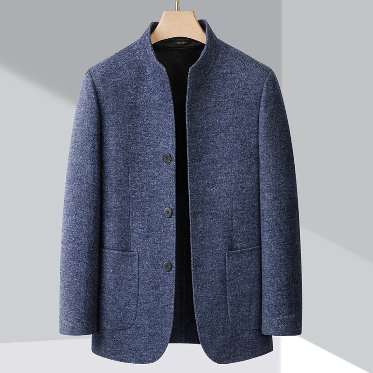 Men's warm fleece stand-collar blazer, blue heather, button front, flap pockets