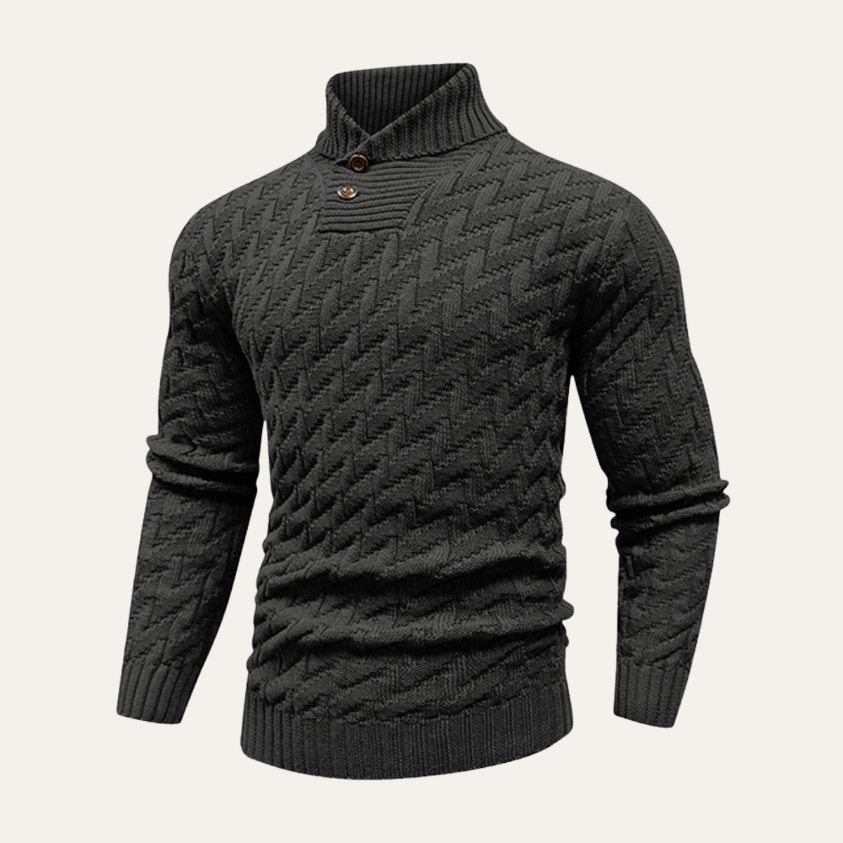 Men's textured winter wool knitted sweater, black mock neck with button placket