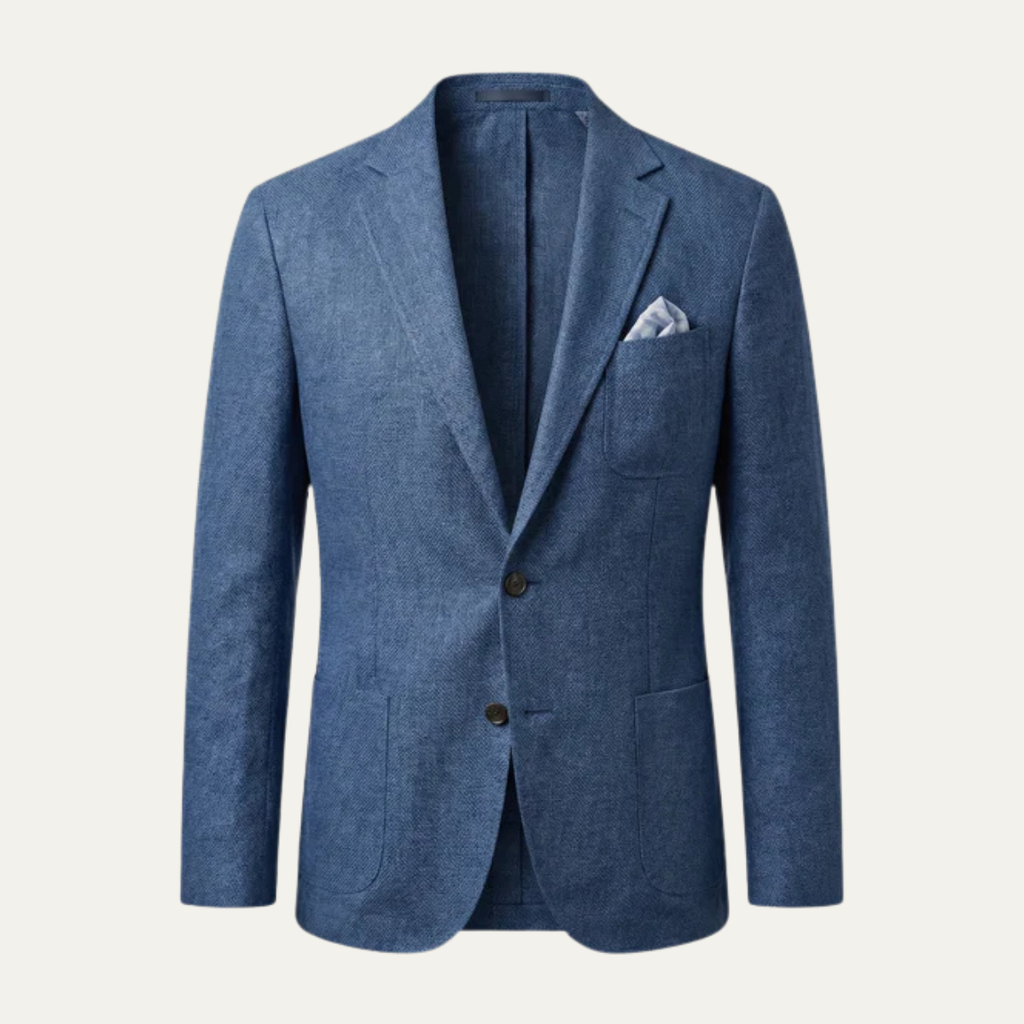 Men's lightweight slim-fit blazer in blue, notched lapels and button front.