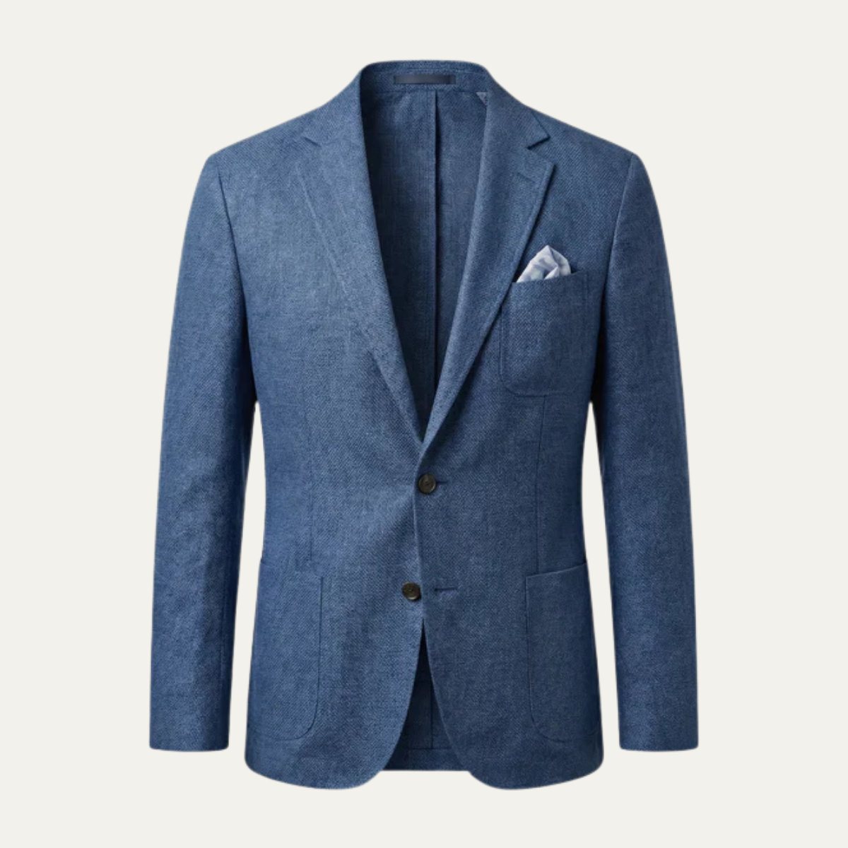 Men's lightweight slim-fit blazer in blue, notched lapels and button front.