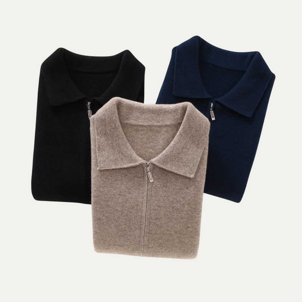 Set of men's zip cardigans in black, beige, and blue; knitted wool with collars