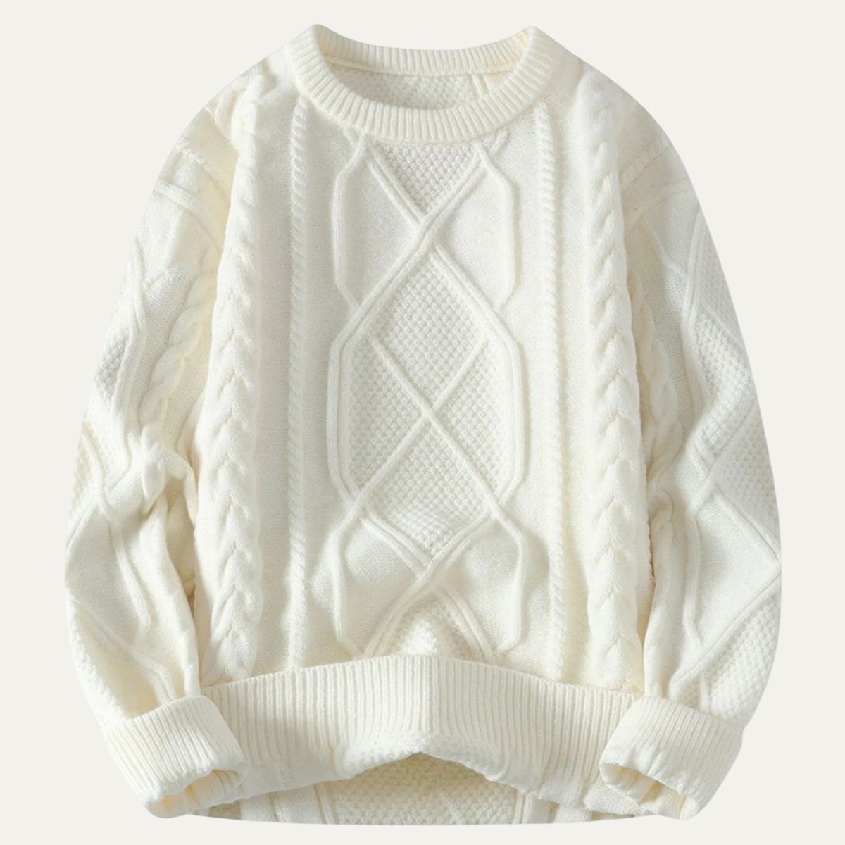 Men's white chunky cable knit sweater with diamond motif and ribbed crew neck and cuffs