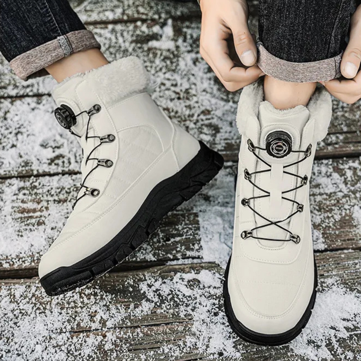 Men's white lace-up snow boots with faux fur lining and thick rubber traction sole