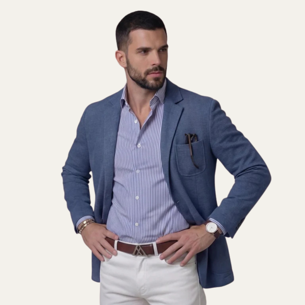 Men's lightweight slim-fit blazer in blue, worn over striped shirt with pocket square.