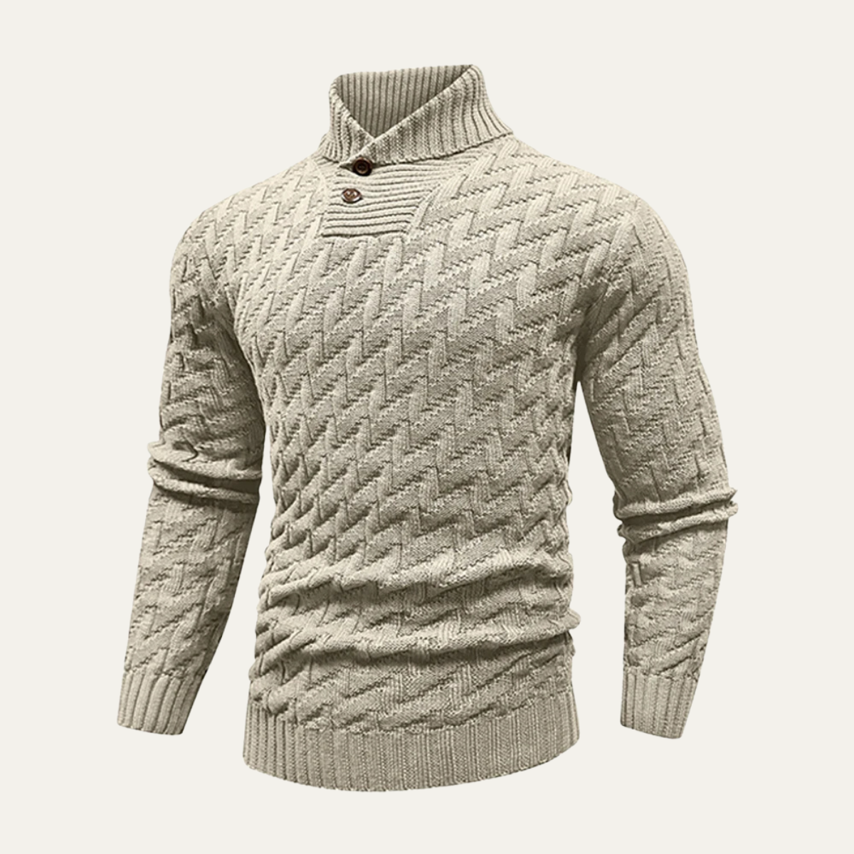 Men's textured winter wool knitted sweater, light khaki mock neck with button placket