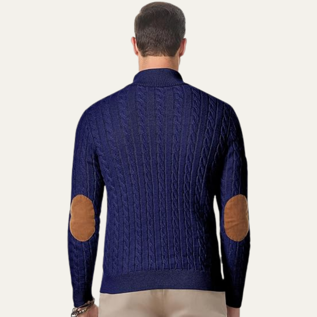 Men's navy cable knit stand-collar sweater, back view