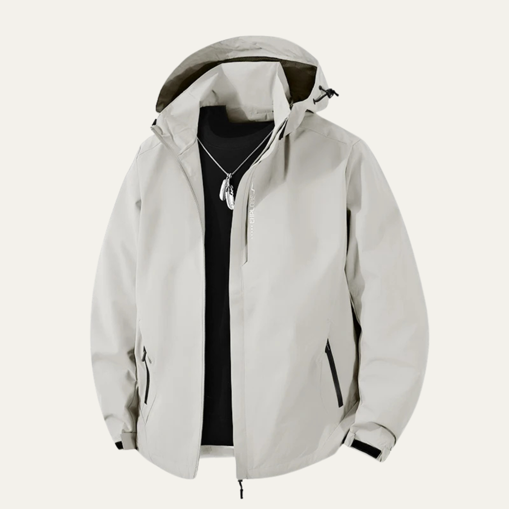 White hooded waterproof jacket with front zipper, adjustable cuffs, and drawcord hem
