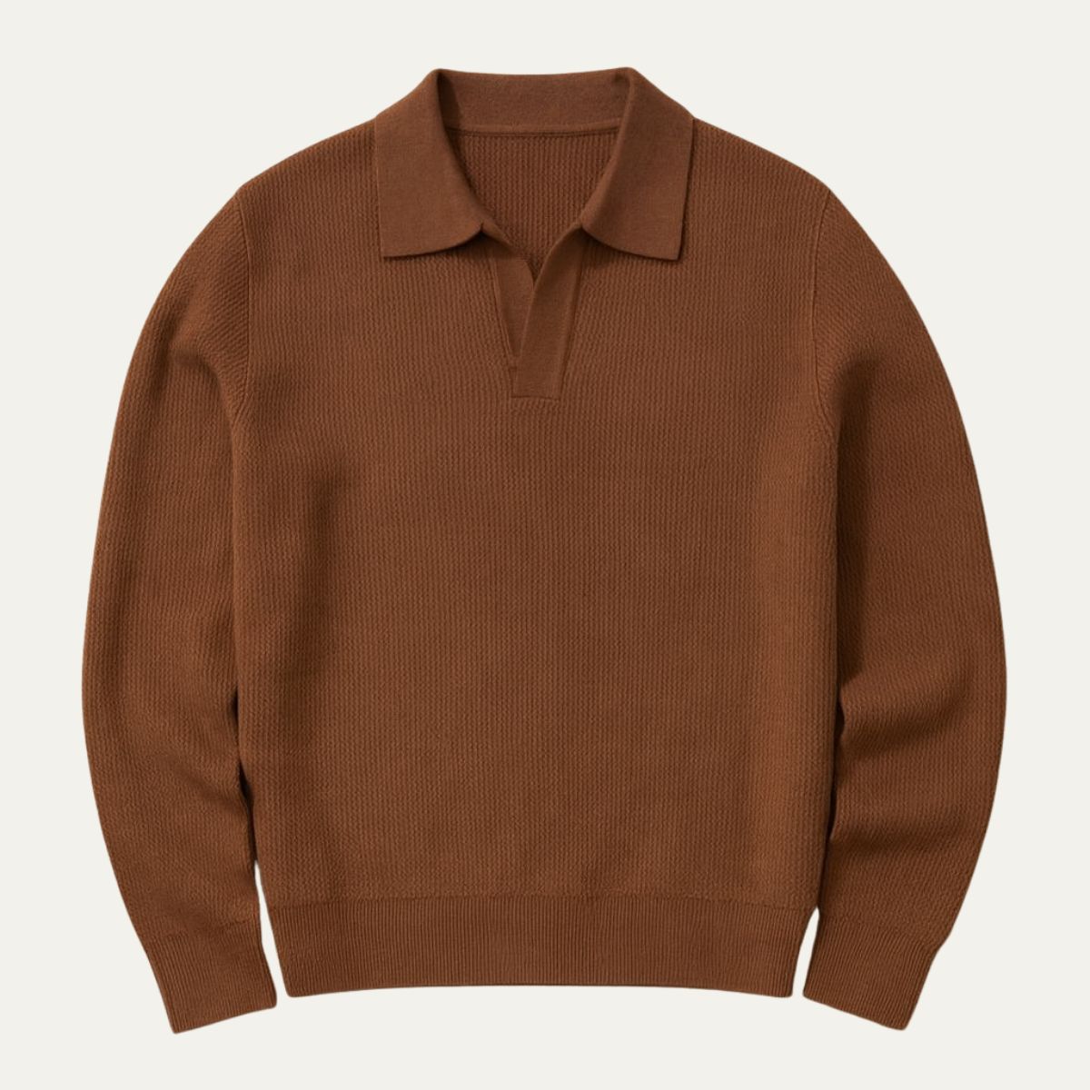 Men's knit polo sweater with ribbed collar and cuffs, brown long sleeves