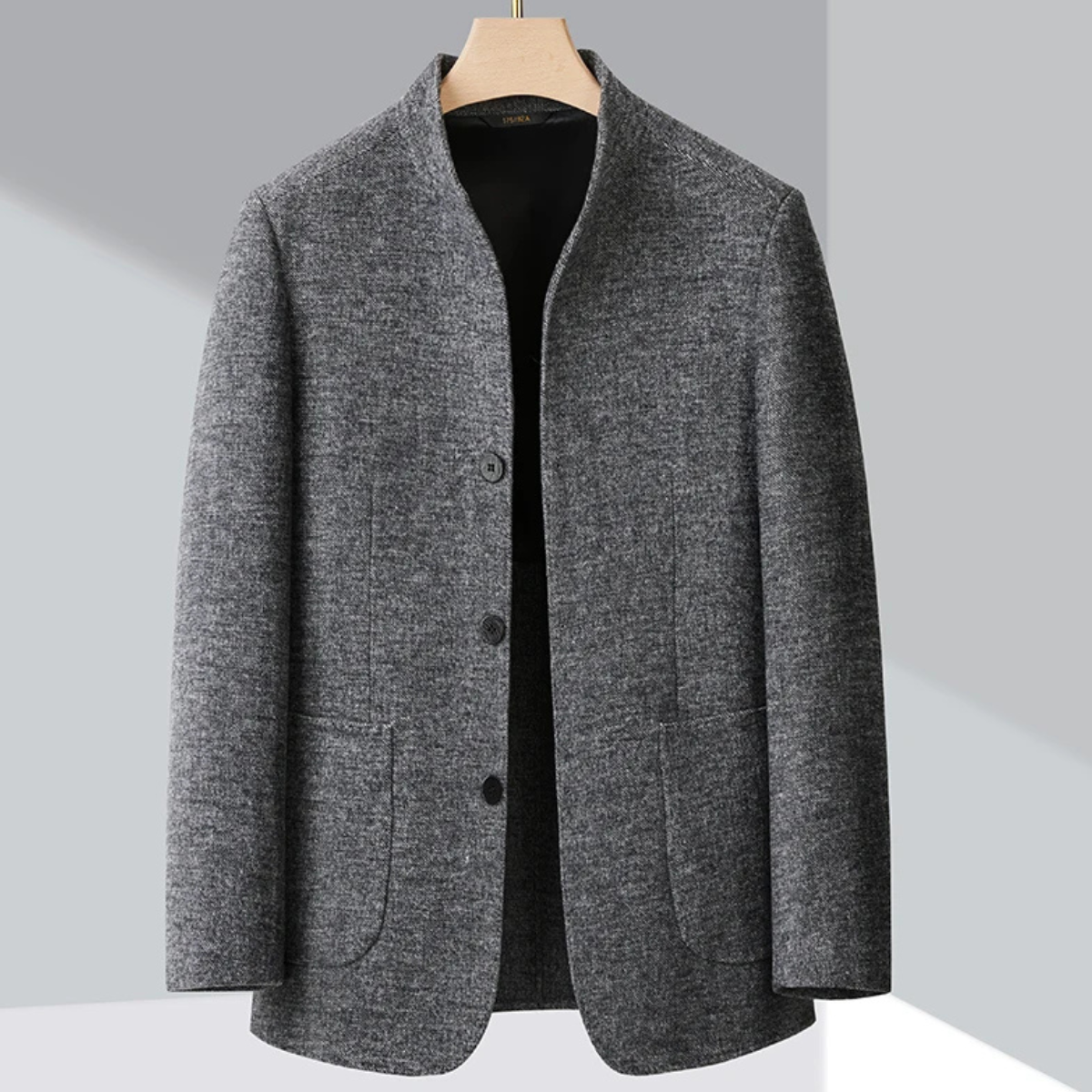 Men's warm fleece stand-collar blazer, gray heather, button front with side pockets