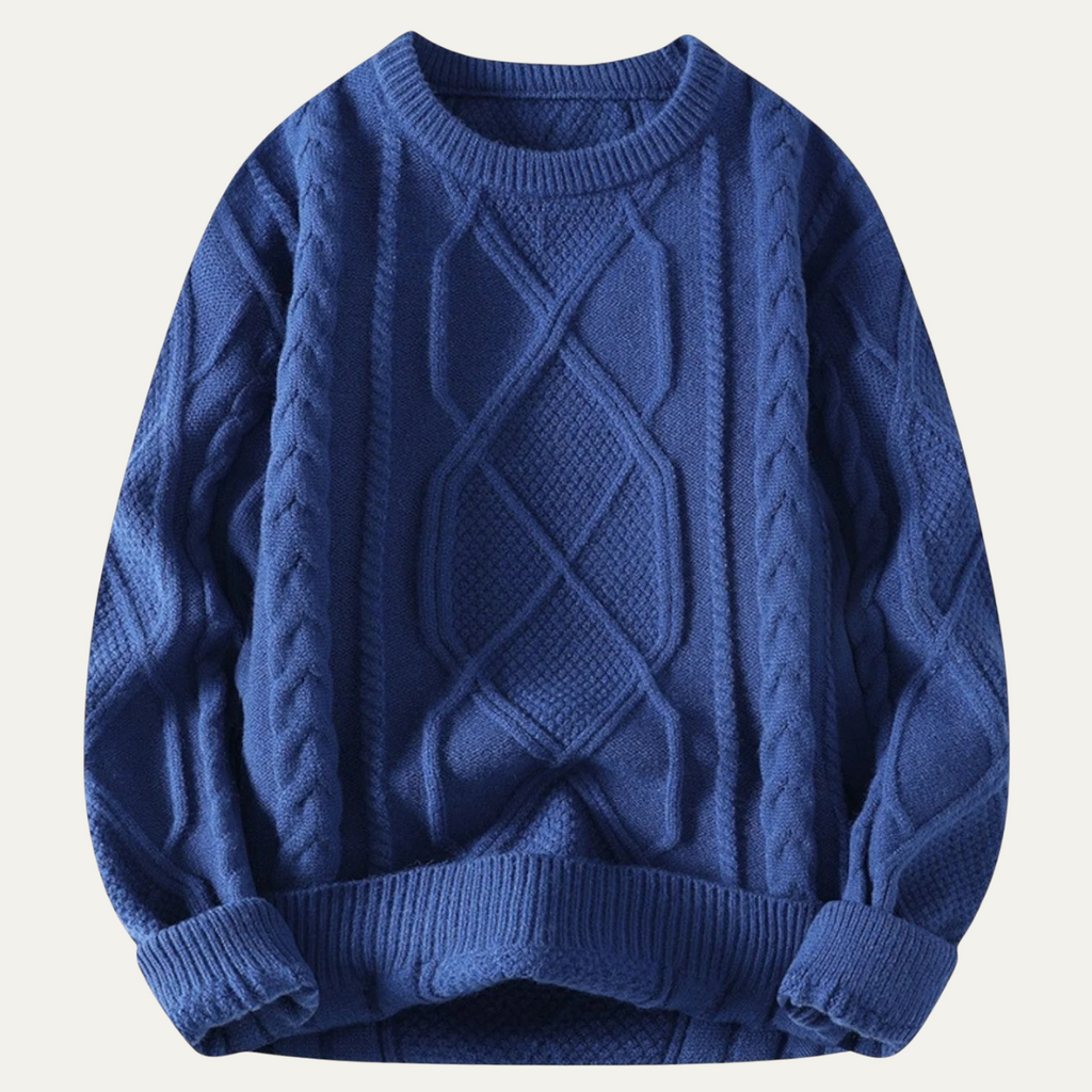 Men's blue chunky cable knit sweater with diamond cable pattern and ribbed hem