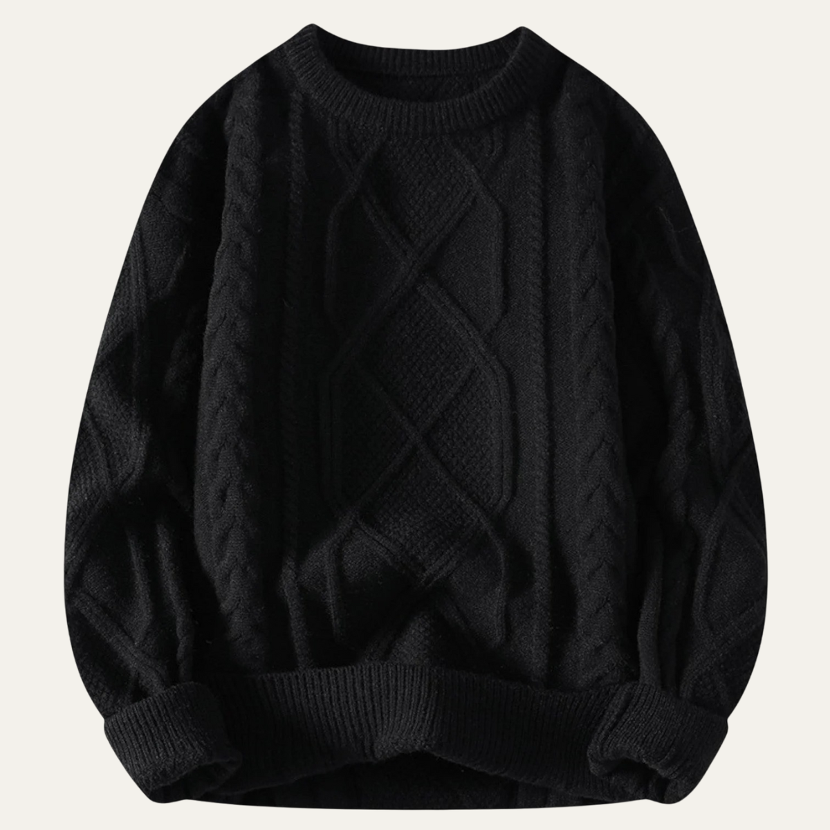 Men's black chunky cable knit sweater with diamond X-style pattern and ribbed hem