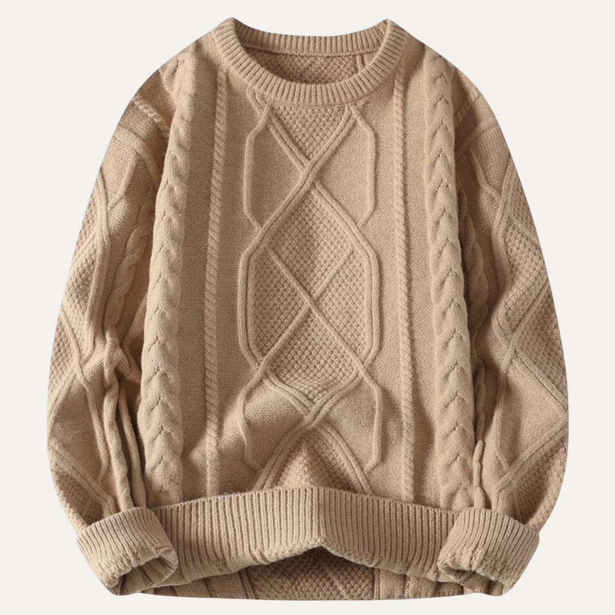 Men's beige chunky cable knit sweater with diamond pattern and ribbed crew neck