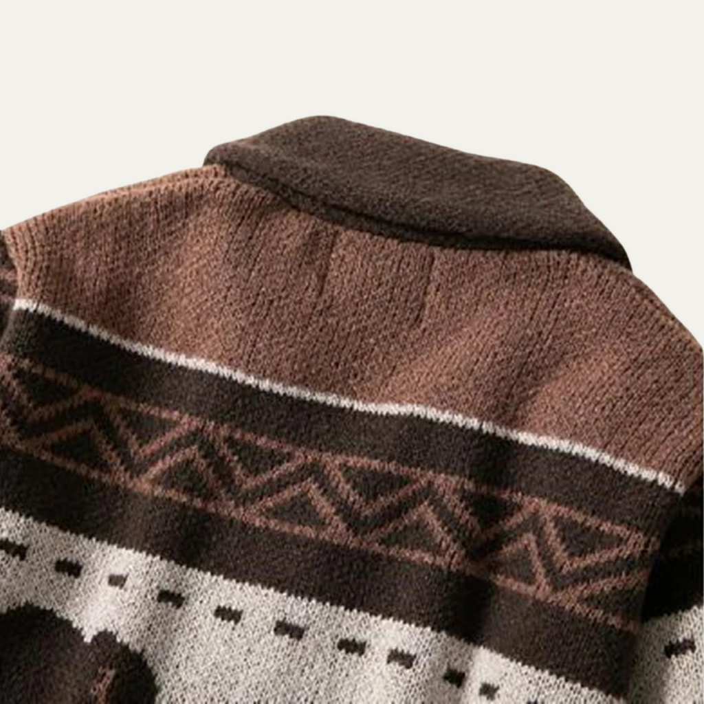 Men's brown retro buffalo print winter cardigan close-up of patterned knit yoke and stripe